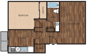 Floor plan for 1 bed, 1 bath, 590 sqft
